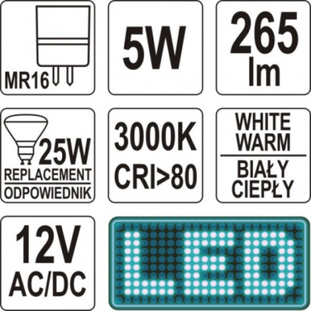 LED žárovka 5W MR16 265 lumen 12V ( 25W ), YT-81862