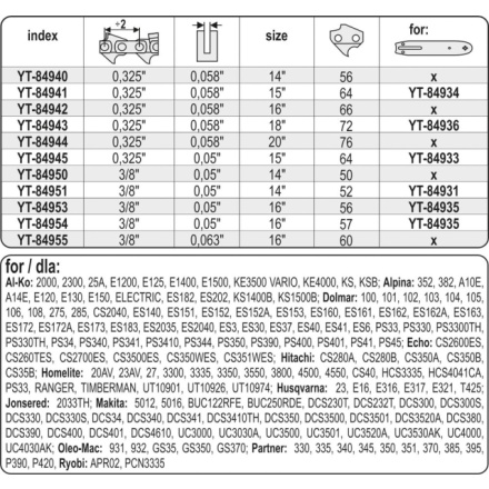Řetěz na motorovou pilu 16" 3/8", YT-84954