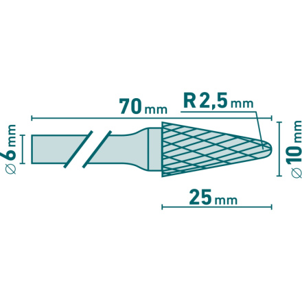 fréza karbidová, konická 14° zakulacená, pr.10x25mm/stopka 6mm,sek střední (double-cut) 8703784