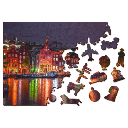 WOODEN CITY Dřevěné puzzle Noční Amsterdam 2v1, 150 dílků EKO 141949