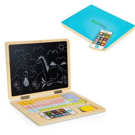 ECOTOYS Dřevěný notebook s magnetickým monitorem - modrý 142390