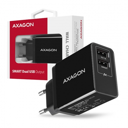 AXAGON ACU-DS16, SMART nabíječka do sítě 16W, 2x USB-A port, 5V/2.2A + 5V/1A, ACU-DS16