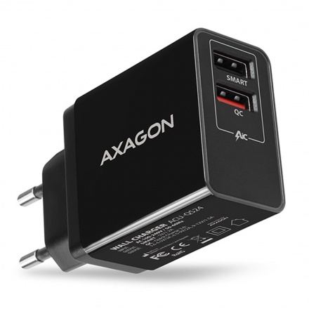AXAGON ACU-QS24, QC & SMART nabíječka do sítě 24W, 2x USB-A port, QC3.0/AFC/FCP + 5V/1.2A, ACU-QS24