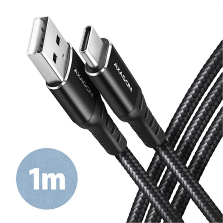 AXAGON BUCM-AM10AB, HQ kabel USB-C <-> USB-A, 1m, USB 2.0, 3A, ALU, oplet, černý, BUCM-AM10AB