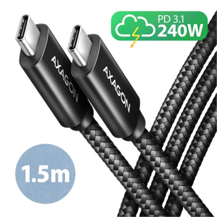 AXAGON BUCM2-CM15AB, CHARGE kabel USB-C <-> USB-C, 1.5m, Hi-Speed USB, PD 240W 5A, ALU, oplet, černý, BUCM2-CM15AB