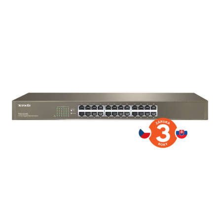 Tenda TEG1024G 24x Gigabit Switch, Fanless-bez ventilátorů, Rackmount 19", ochrana proti přepětí, TEG1024G