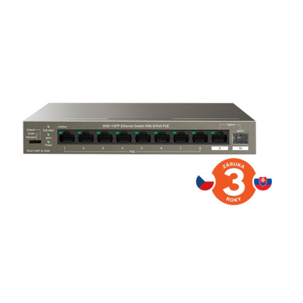 Tenda TEG1110PF-8-102W PoE AT switch 8xPoE 802.3af/at + Uplink RJ45 + SFP port, 92W, PoE+, fanless, 75011962