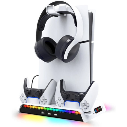 iPega P5S006 Multifunkční Nabíjecí RGB Stojan s Chlazením pro  PS5 Slim White, 6974363710859