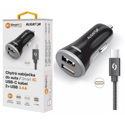 ALIGATOR Chytrá nabíječka do auta 3.4A, 2xUSB, smart IC, černá, USB-C kabel, CHS0008