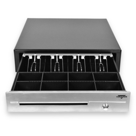 VIRTUOS Pokladní zásuvka C430D - s kabelem, kovové držáky, nerez panel, 9-24V, černá, EKN0116