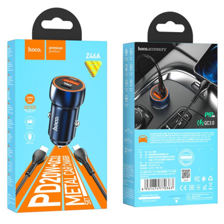 HOCO car charger USB A + Type C + cable Type C to Lightning PD QC3.0 3A 20W Z46A sapphire blue 590350