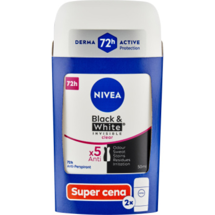 Nivea Black & White Invisible Clear tuhý antiperspirant, 2× 50ml deostick