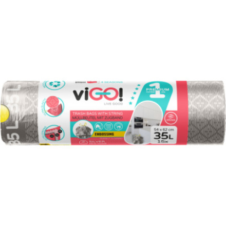 viGO! Premium pytle na odpad zatahovací, 26 µ, 54 × 62 cm, 35 l, 15 ks