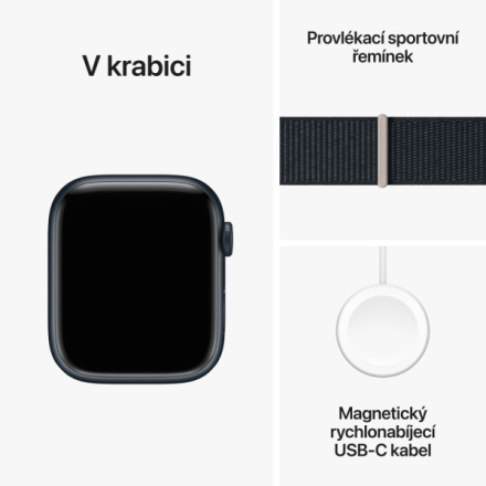 Apple Watch Series 9 45mm Temně inkoustový hliník s temně inkoustovým sportovním řemínkem - S/M MR993QC/A