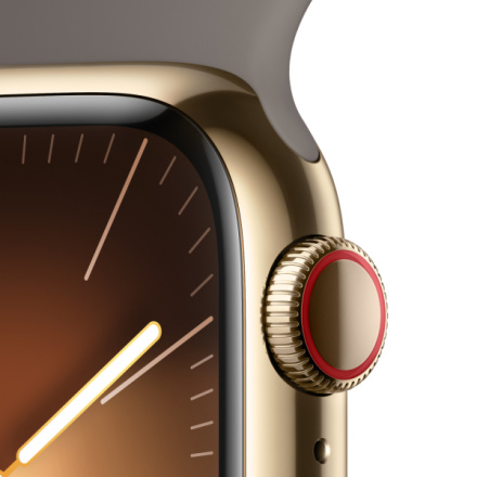 Apple Watch Series 9 41mm Cellular Zlatý nerez s jílově šedým sportovním řemínkem - M/L MRJ63QC/A
