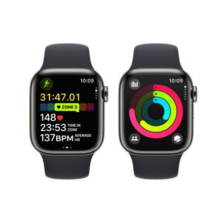 Apple Watch Series 9 41mm Cellular Grafitově šedý nerez s temně inkoustovým sportovním řemínkem - S/M MRJ83QC/A