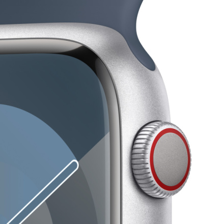Apple Watch Series 9 45mm Cellular Stříbrný hliník s ledově modrým sportovním řemínkem - M/L MRMH3QC/A