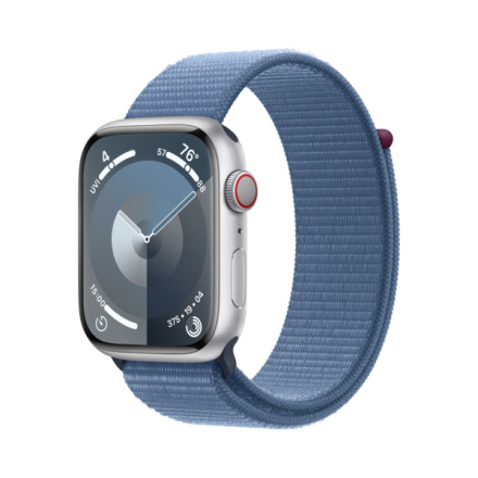 Apple Watch Series 9 45mm Cellular Stříbrný hliník s ledově modrým provlékacím sportovním řemínkem MRMJ3QC/A