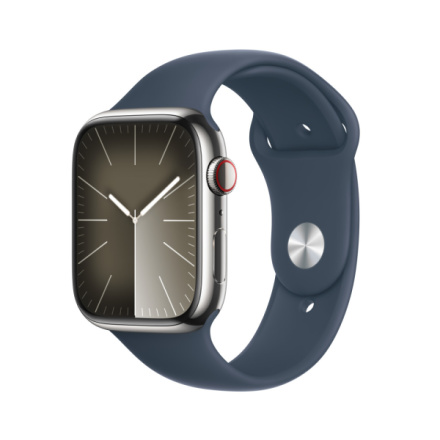 Apple Watch Series 9 45mm Cellular Stříbrný nerez s ledově modrým sportovním řemínkem - M/L MRMP3QC/A