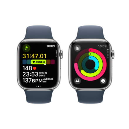 Apple Watch Series 9 45mm Cellular Stříbrný nerez s ledově modrým sportovním řemínkem - M/L MRMP3QC/A