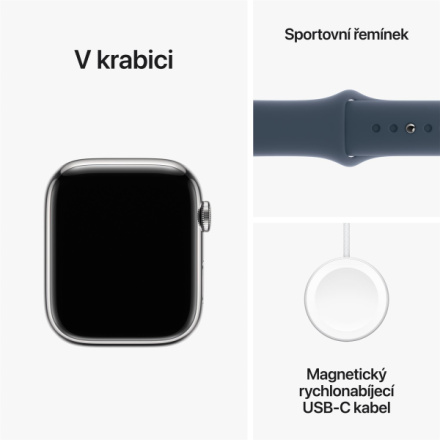 Apple Watch Series 9 45mm Cellular Stříbrný nerez s ledově modrým sportovním řemínkem - M/L MRMP3QC/A