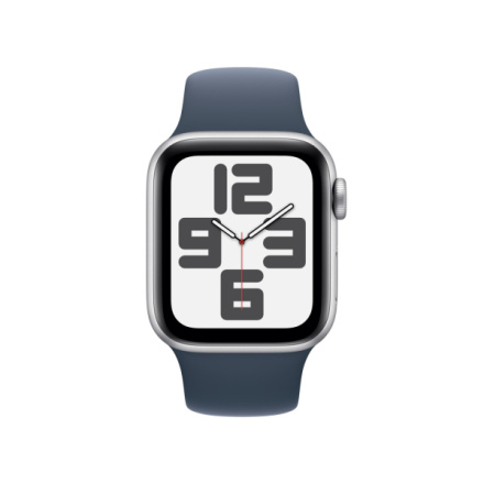 Apple Watch SE 40mm Stříbrný hliník s bouřkově modrým sportovním řemínkem - M/L MRE23QC/A
