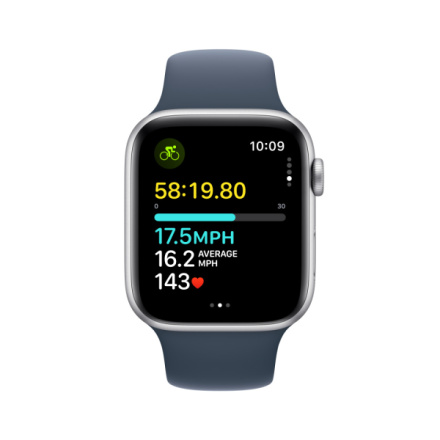 Apple Watch SE 44mm Stříbrný hliník s bouřkově modrým sportovním řemínkem - M/L MREE3QC/A