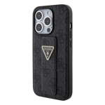 Guess PU Grip Stand 4G Strass Triangle Metal Logo Zadní Kryt pro iPhone 15 Pro Black, GUHCP15LPGS4TDK