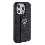 Guess PU Grip Stand 4G Strass Triangle Metal Logo Zadní Kryt pro iPhone 15 Pro Black, GUHCP15LPGS4TDK