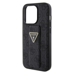 Guess PU Grip Stand 4G Strass Triangle Metal Logo Zadní Kryt pro iPhone 15 Pro Black, GUHCP15LPGS4TDK