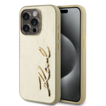 Karl Lagerfeld Wrinkled PU Signature Logo Zadní Kryt pro iPhone 15 Pro Gold, KLHCP15LPFMFBKMD