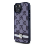 DKNY PU Leather Checkered Pattern and Stripe Zadní Kryt pro iPhone 15 Blue, DKHCP15SPCPTSSB