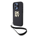 DKNY PU Leather Stack Logo Wrist Strap Zadní Kryt pro iPhone 14 Pro Max Black, DKHCP14XPBSWSK