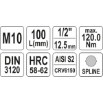 Nástavec prodloužený 1/2" bit vícezubý M10, YT-04353