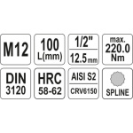 Nástavec prodloužený 1/2" bit vícezubý M12, YT-04354