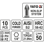 Sada bitů 1/4" 50 mm NON-SLIP 10 ks, YT-0483