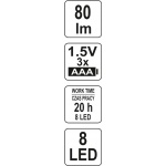 Lampa ruční 8 LED, s klipem, 80 lm, YT-08514