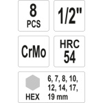 Sada nástavců 1/2" rázové 8 ks H6-H19 imbus CrMo, YT-1066