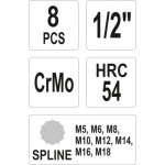 Sada nástrčných klíčů 1/2" Spline, 8ks, YT-1069
