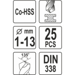 Sada vrtáků na kov 25ks HSS-COBALT 1-13mm, YT-41605