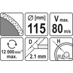 Kotouč řezný diamantový 115 x 22,2 x 2,1 mm hladký, YT-6012