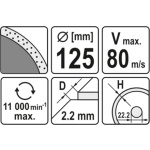 Kotouč řezný diamantový 125 x 22,2 x 2,2 mm hladký, YT-6013