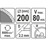 Kotouč řezný diamantový 200 x 25,4 x 2,2 mm hladký, YT-6017