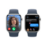 Apple Watch Series 9 45mm Cellular Stříbrný nerez s ledově modrým sportovním řemínkem - M/L MRMP3QC/A